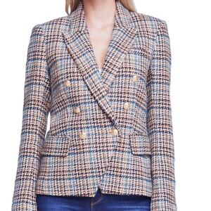 L’Agence Kenzie Tweed Blazer Tan Teal Plaid Star Lining 14